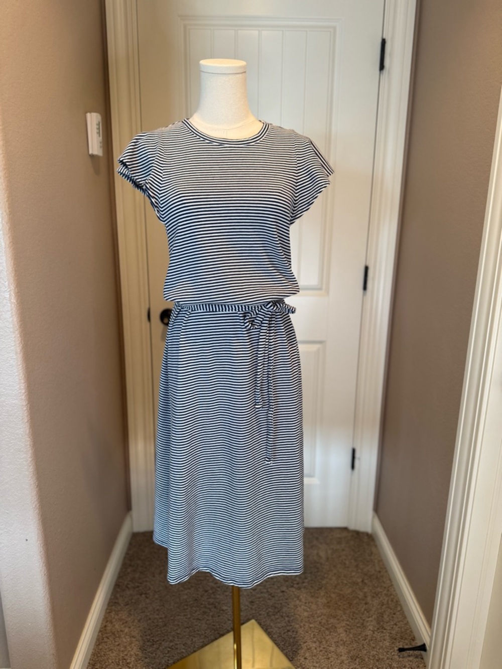 GAP Flutter Sleeve Midi Dress in a navy blue and white stripe - Picture 3 of 6